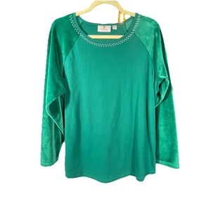 Quacker Factory Shirt Large Green Velour Sleeve Baseball Top QVC  Comfy Stretchy